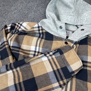 AM Mens Plaid Hooded Flannel‎ Shirt 2XL Tan Black White Long Sleeve Button Front
